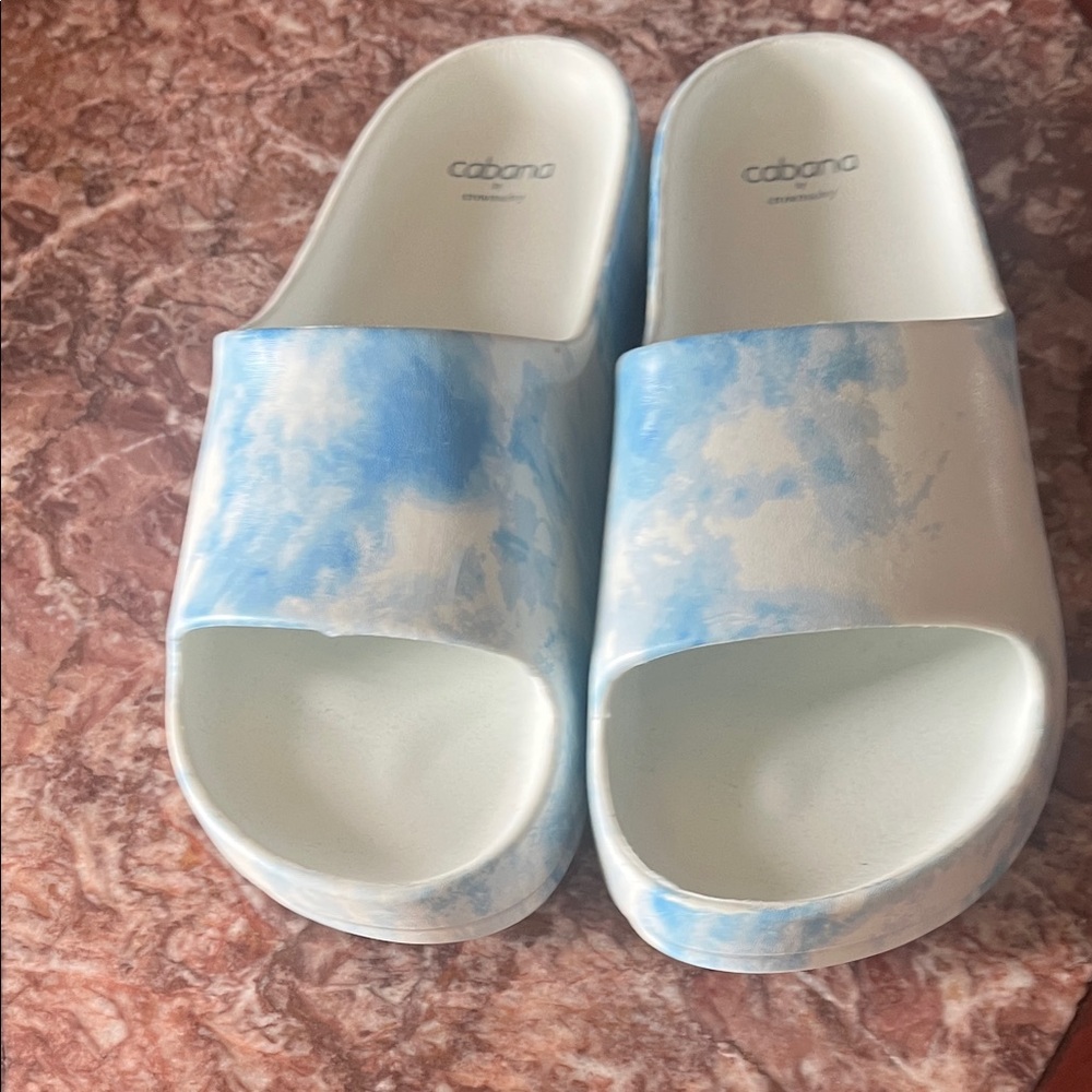 Crown & Ivy Cabana Slides - Cream and Blue
